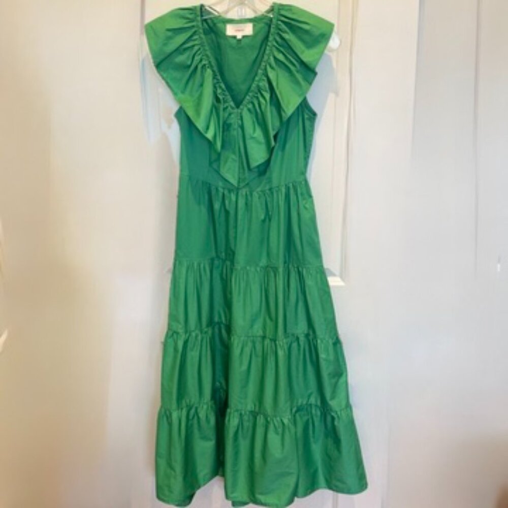 Xirena Green Sleeveless Flowy Ruffle V Neck Tiered Midi Tatiana Dress XS